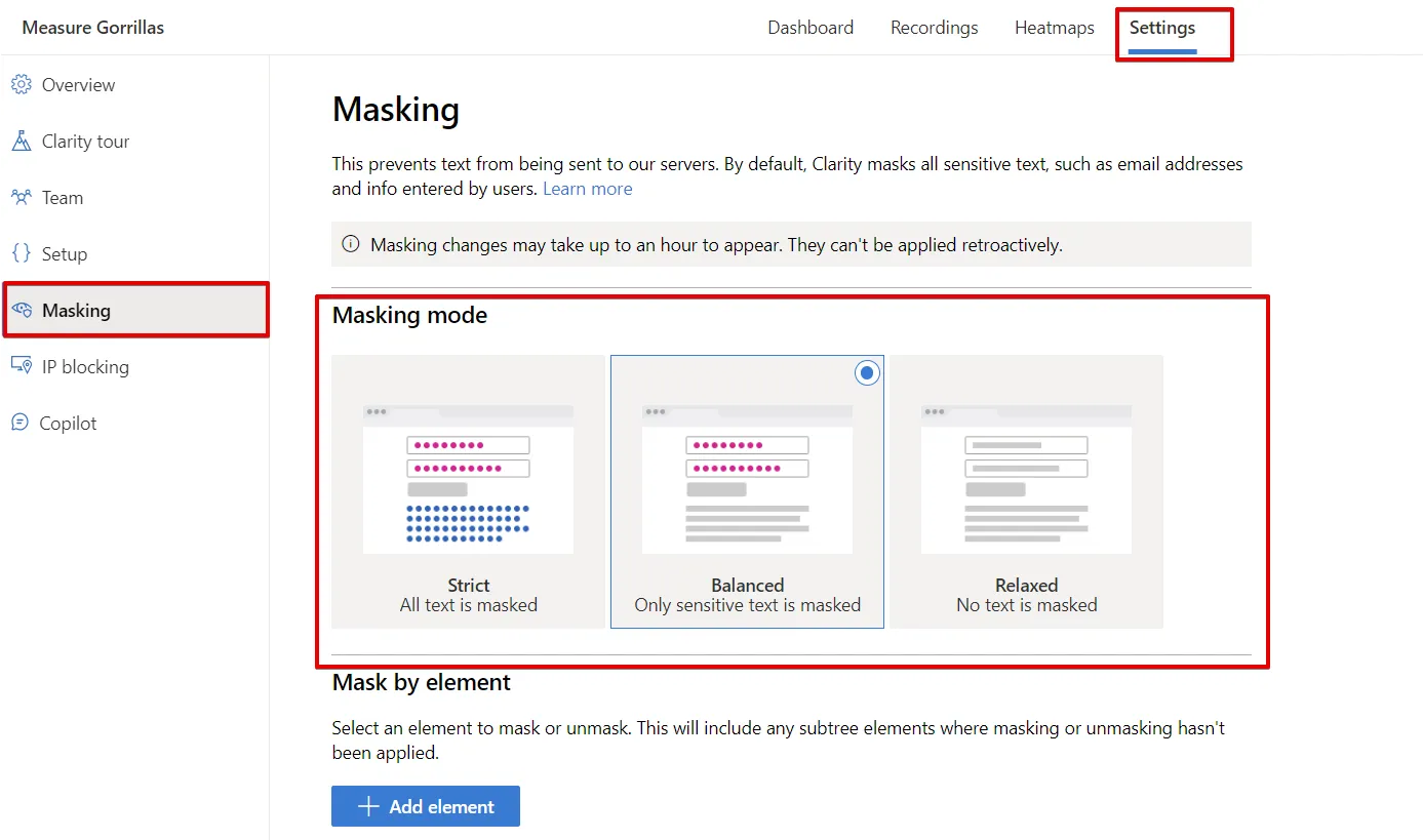 Microsoft Clarity: Cách sử dụng tool phân tích cho SEOer 154 Các chế độ Masking