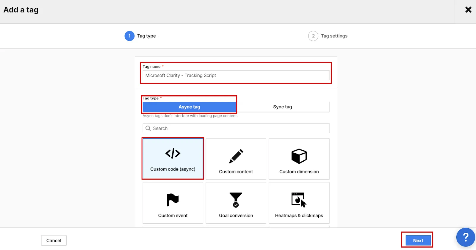 Microsoft Clarity: Cách sử dụng tool phân tích cho SEOer 140 Chọn Async tag và Custom code (async)