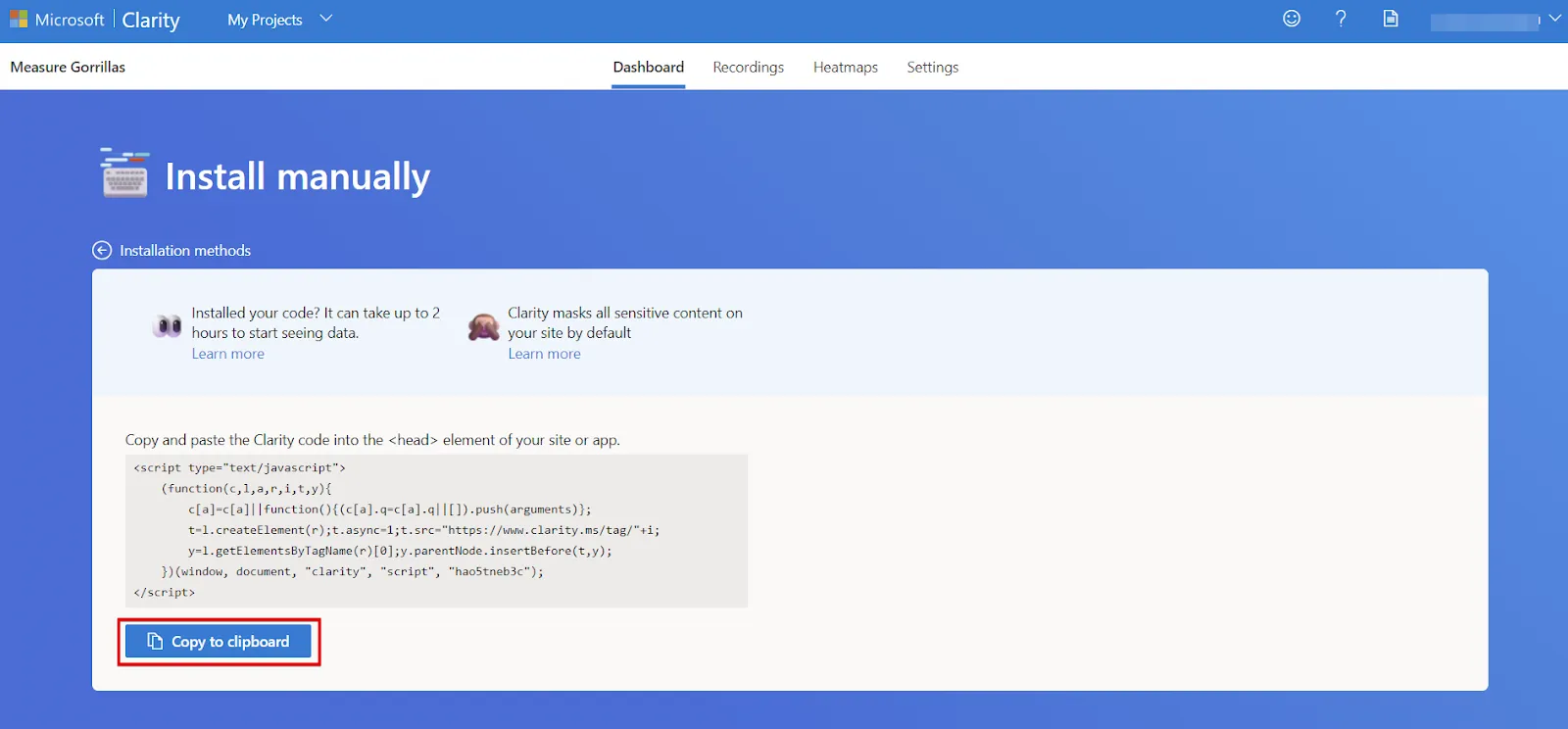 Microsoft Clarity: Cách sử dụng tool phân tích cho SEOer 129 Sao chép tracking code để dùng trong quá trình cài đặt Microsoft Clarity