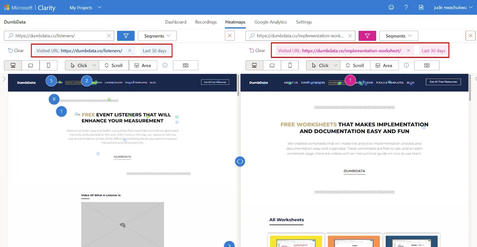 Microsoft Clarity: Cách sử dụng tool phân tích cho SEOer 184 So sánh hành vi giữa 2 trang web khác nhau