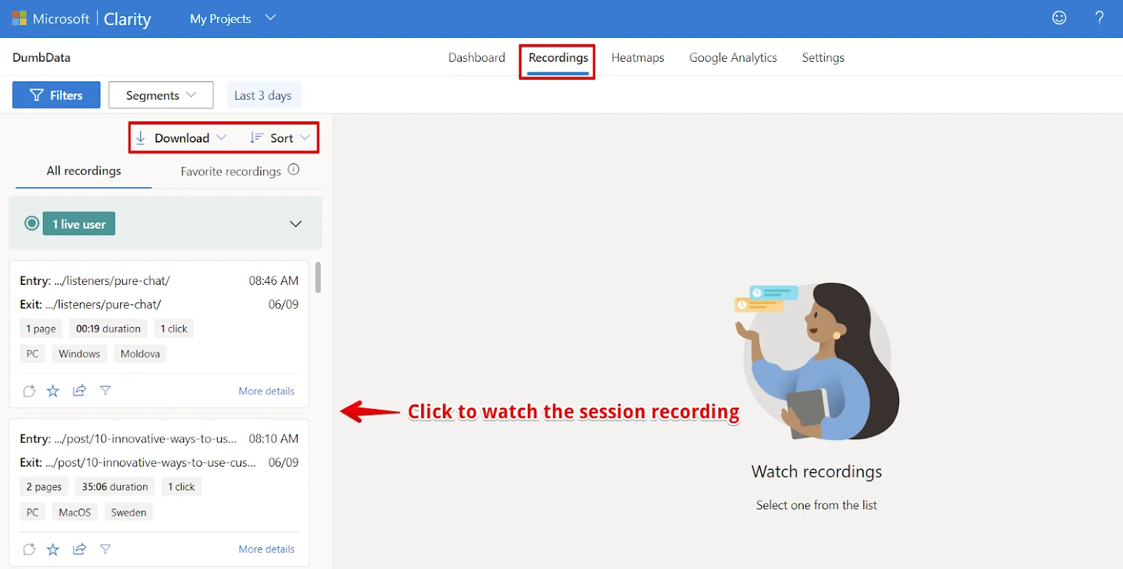 Microsoft Clarity: Cách sử dụng tool phân tích cho SEOer 168 Xem bản ghi về khách truy cập website