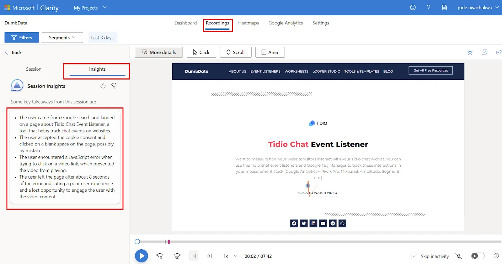 Microsoft Clarity: Cách sử dụng tool phân tích cho SEOer 172 Xem tóm tắt phiên trong tab Insights