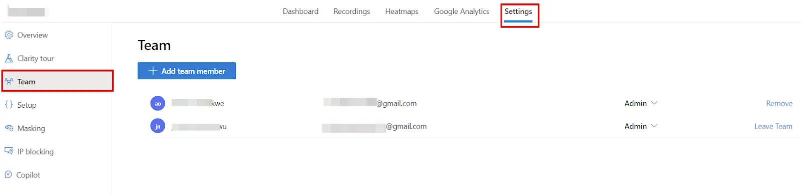 Microsoft Clarity: Cách sử dụng tool phân tích cho SEOer 146 Xóa quyền truy cập trong tab Team