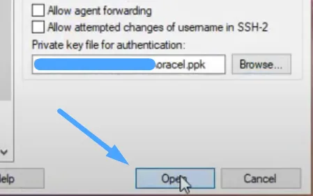 PuTTY đã nhận được key, chọn Open để bắt đầu kết nối