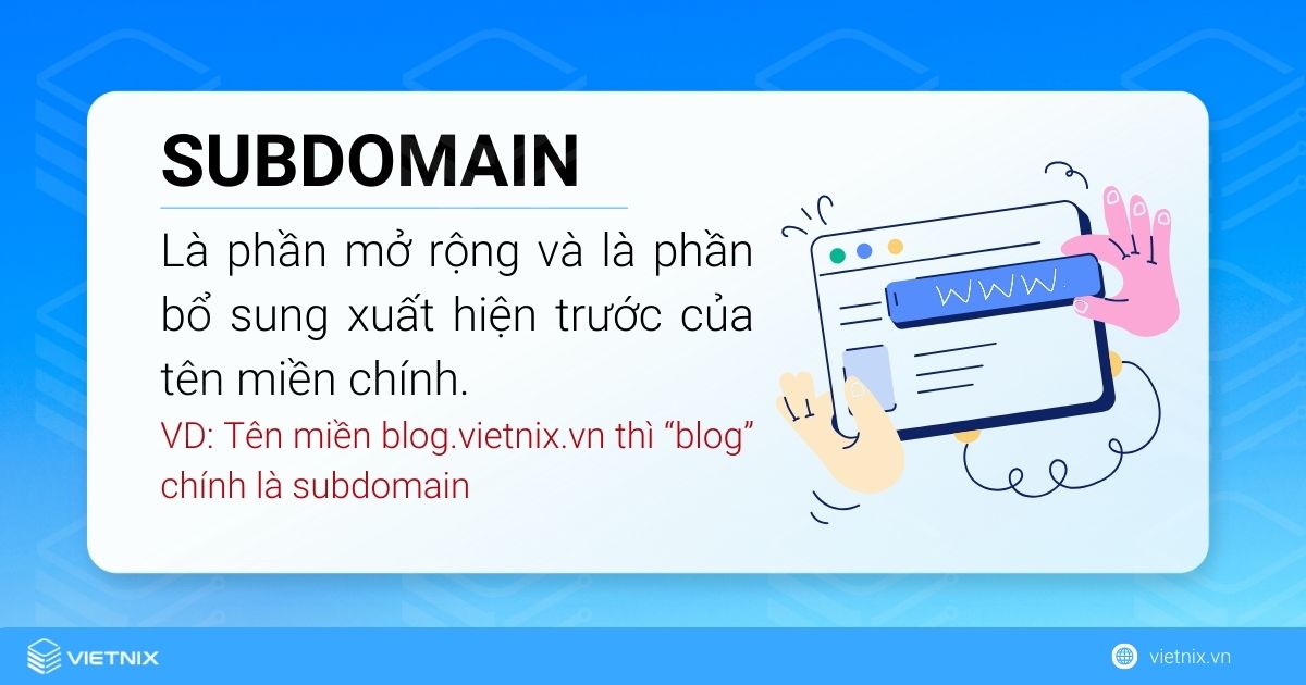 Subdomain là phần mở rộng, phần bổ sung xuất hiện trước của tên miền chính