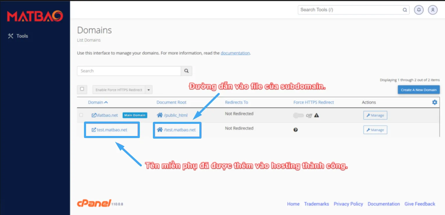 Tạo subdomain MatBao trên cPanel thành công