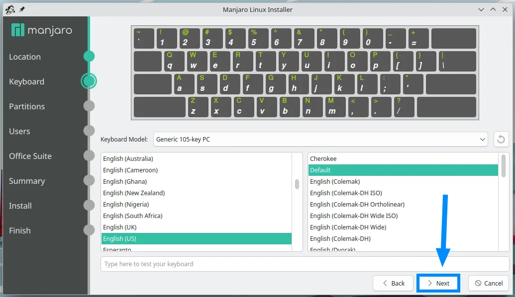 Hướng dẫn cài đặt Manjaro Linux cho PC 31 Chọn kiểu bàn phím sử dụng