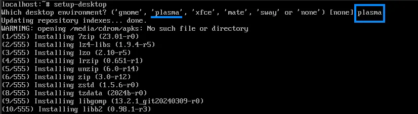Alpine Linux là gì? Cách cài đặt và cấu hình Alpine Linux 21 Chọn kiểu môi trường plasma