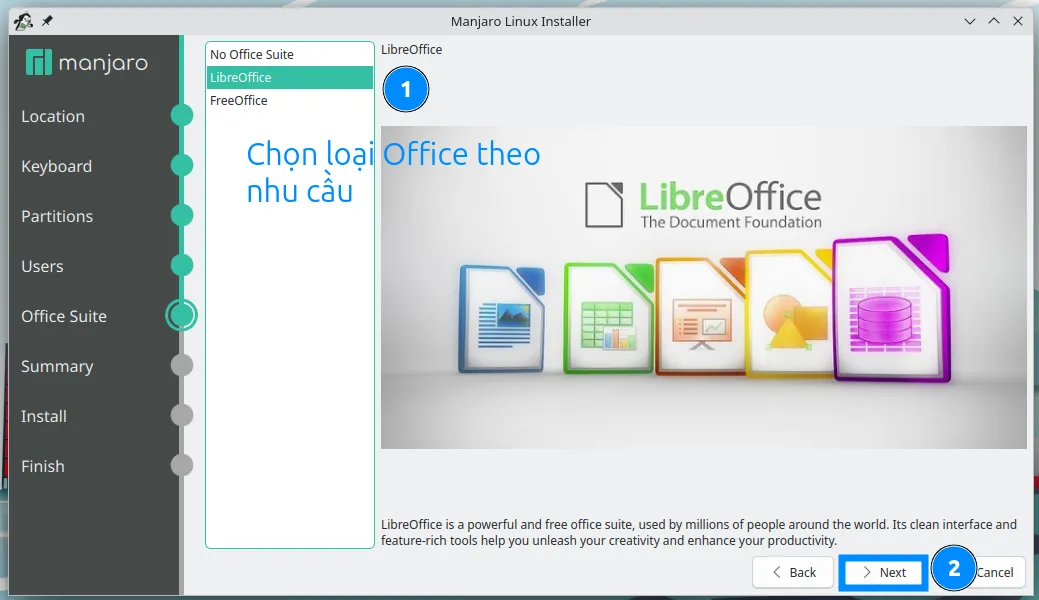 Hướng dẫn cài đặt Manjaro Linux cho PC 34 Chọn office theo nhu cầu