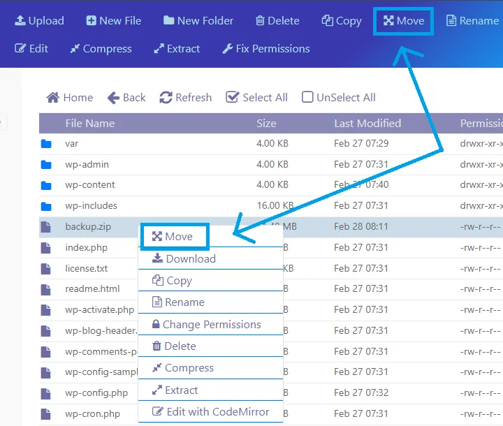 Chọn file và bấm nút Move