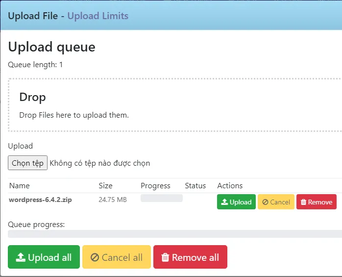 Chọn file và bấm Upload cho từng file, Upload all cho tất cả file được chọn