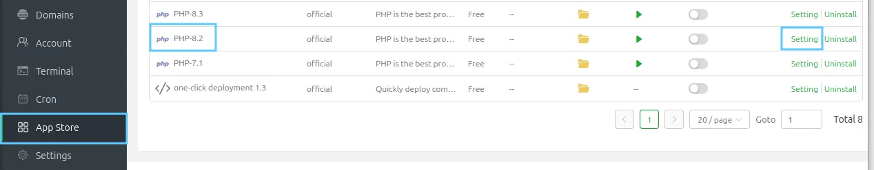 3 bước kích hoạt OPCache trên aaPanel 9 Chọn phiên bản PHP