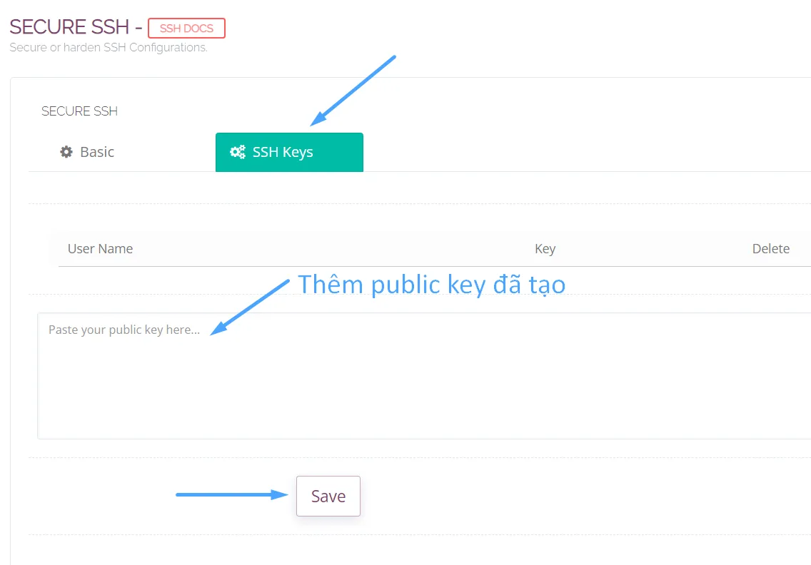 2 bước sử dụng tính năng bảo mật SSH trên Cyber Panel 17 Chuyển sang tab SSH keys