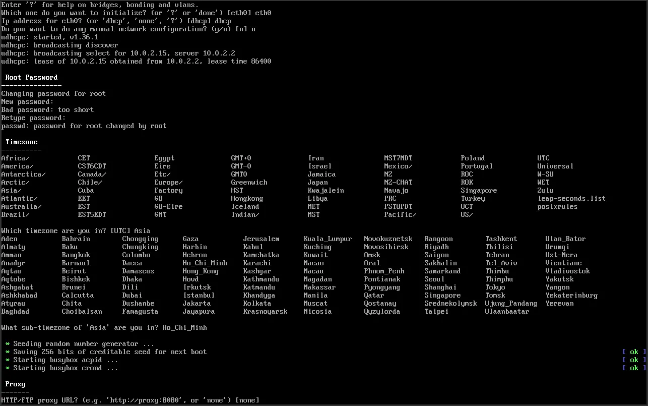 Alpine Linux là gì? Cách cài đặt và cấu hình Alpine Linux 17 Các cấu hình về mạng, múi giờ, layout bàn phím, mật khẩu,...