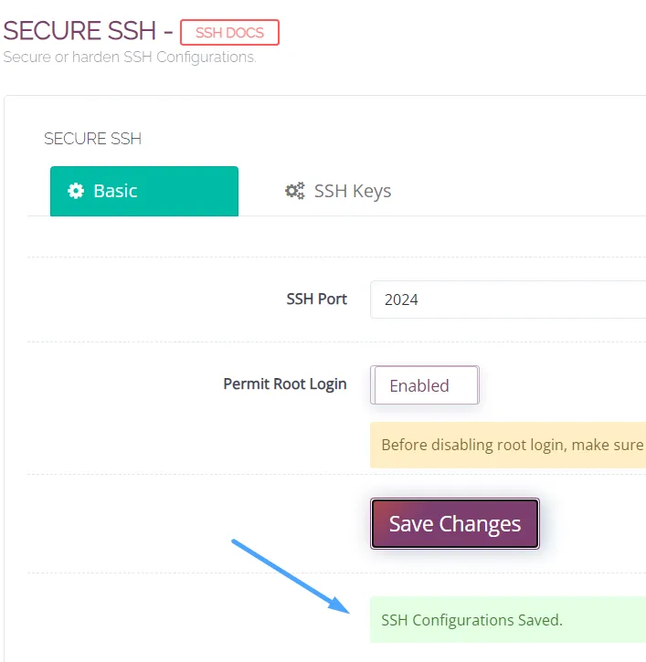 2 bước sử dụng tính năng bảo mật SSH trên Cyber Panel 15 Thông báo đổi thành công