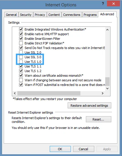 Cách tắt SSL 3.0 và TLS 1.0 - Chọn tab Advanced