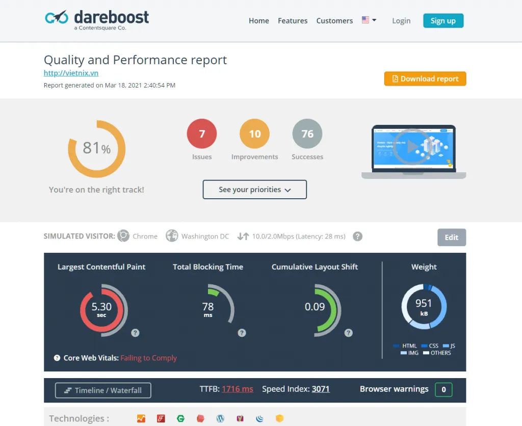 Top 15 công cụ test tốc độ website chính xác nhất hiện nay 34 Kiểm tra tốc độ website bằng DareBoost