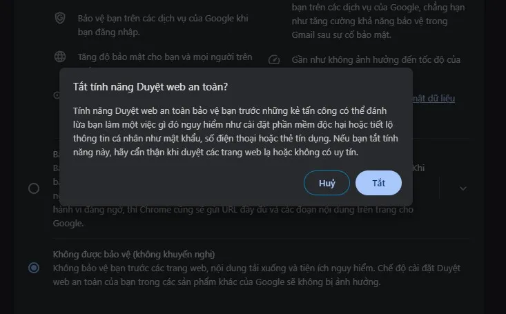Cách sửa lỗi website bị cảnh báo chứa phần mềm độc hại 34 Tắt duyệt web an toàn trên Chrome