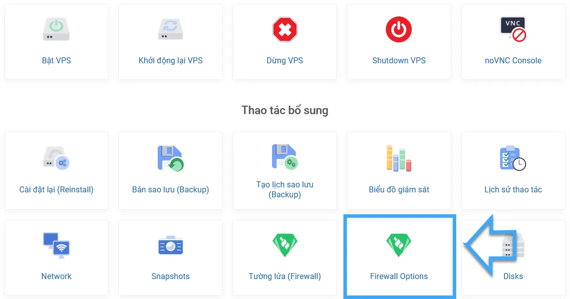 Truy cập Control Panel và tìm mục Firewall Option trên Cloud VPS