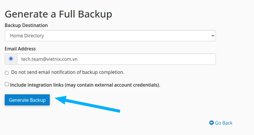 4 bước restore full backup cPanel lên CyberPanel 28 Chọn Generate Backup để tạo tệp Backup