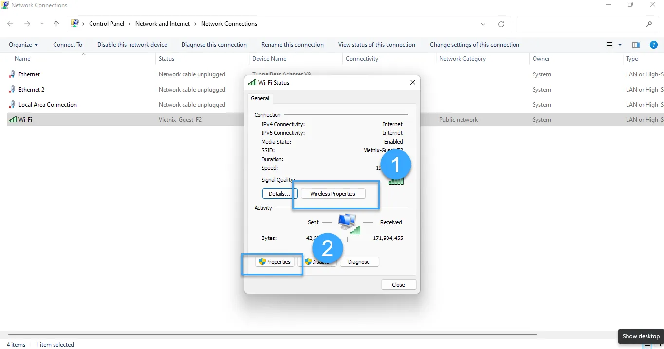 Chọn thẻ Wireless network connection > Properties