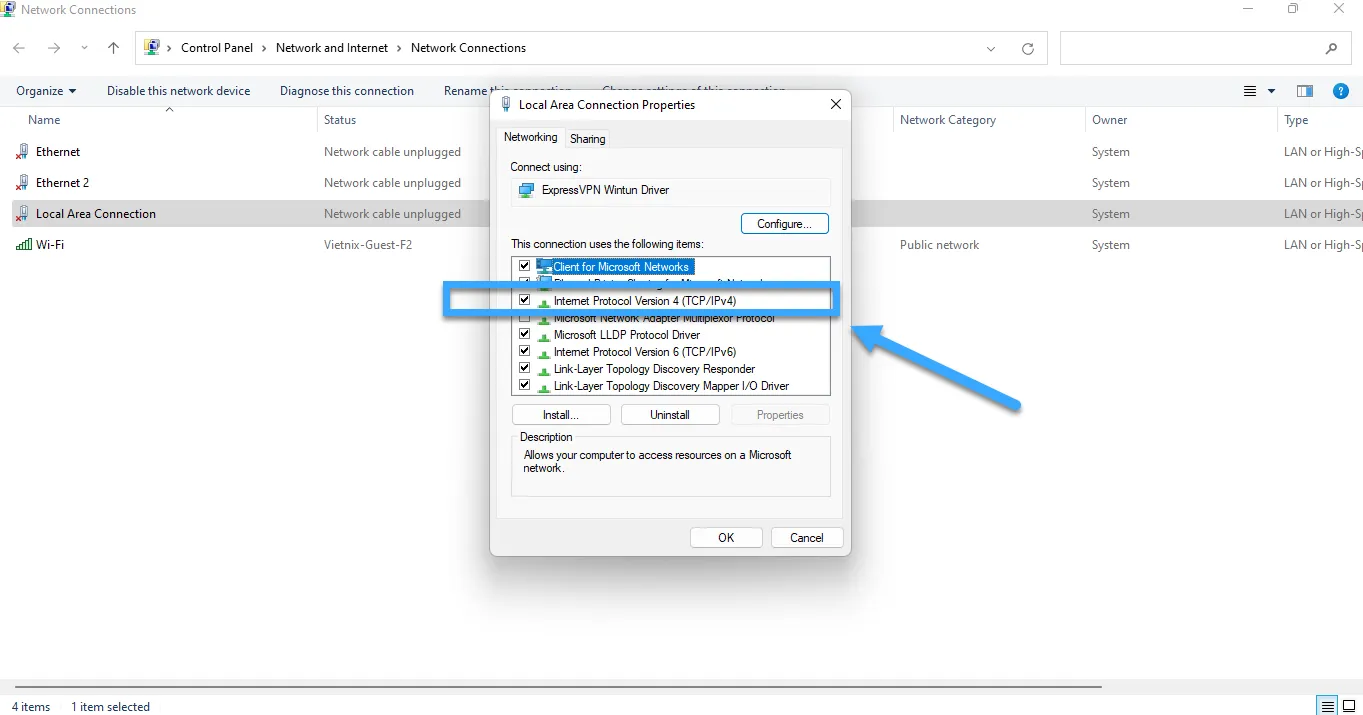 Double click vào mục Internet Protocol Version 4 