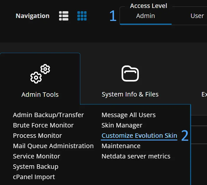 Chọn mức Access Level là Admin