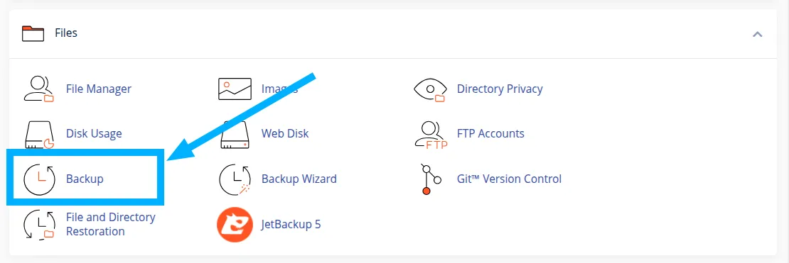 4 bước restore full backup cPanel lên CyberPanel 26 Tìm Files > Backup