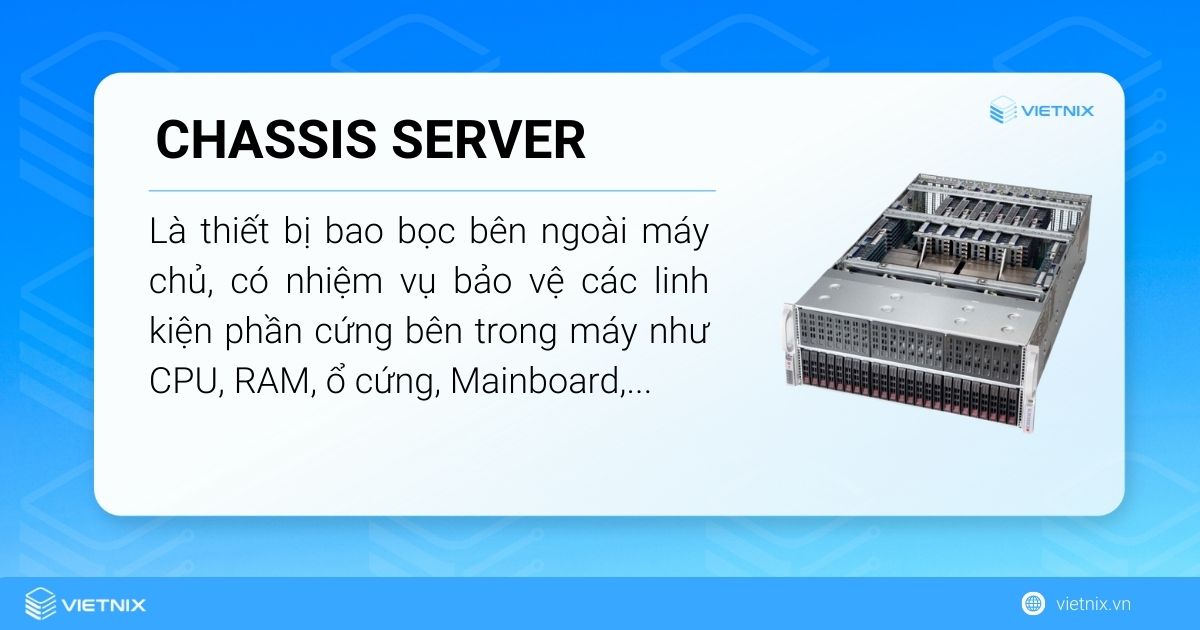 Chassis Server có nhiệm vụ bảo vệ các linh kiện phần cứng bên trong máy