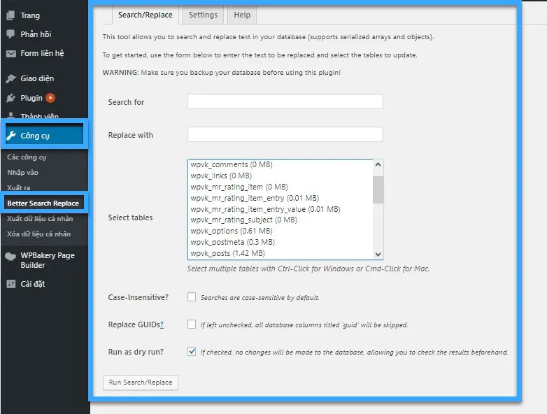 Cách sử dụng plugin Better Search Replace của WordPress đơn giản nhất 10 Giao diện cấu hình của plugin Better Search Replace