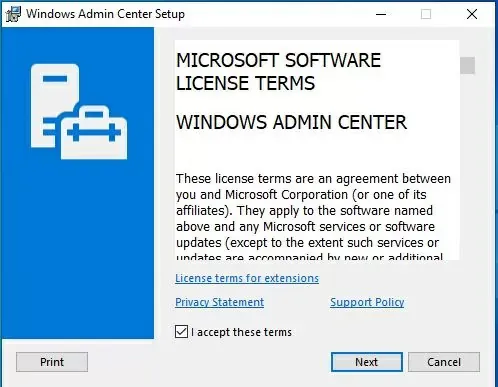 Bấm Next sau khi chấp nhận các điều khoản Microsoft Software License Terms