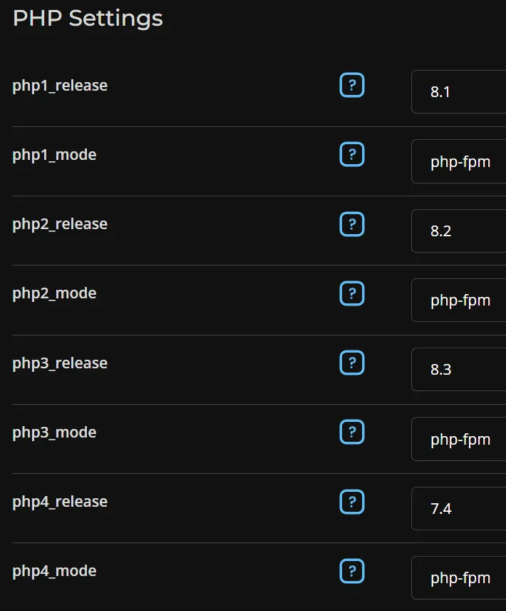 Đổi giá trị php_mode của tất cả các phiên bản PHP thành php-fpm.