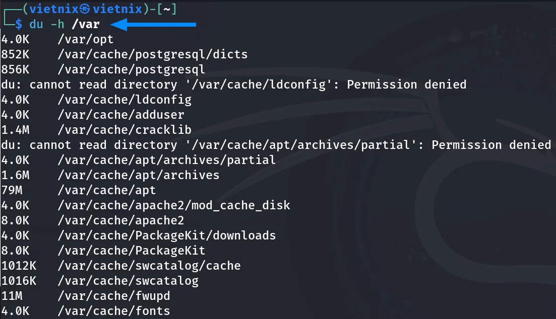 Tổng hợp ví dụ kiểm tra dung lượng thư mục trong Linux đơn giản, hữu ích 15 Chuyển đường dẫn của thư mục tới cú pháp lệnh để xem chi tiết kích thước