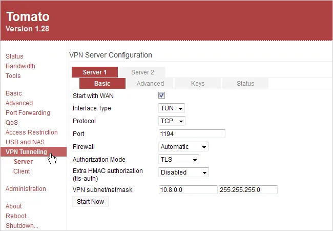 Click chọn menu VPN Tunneling