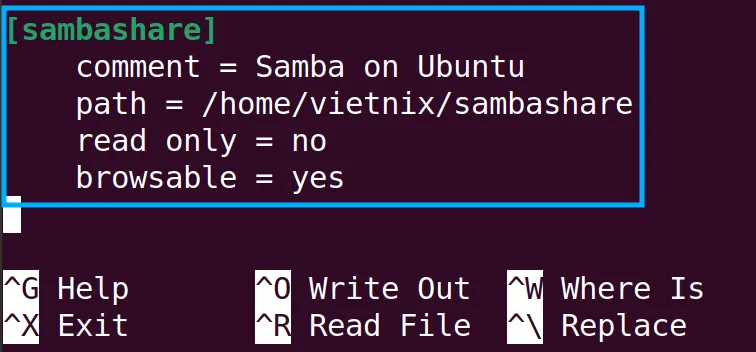 Để có thể thêm cấu hình tùy chỉnh vào file smb.conf, bạn cần thêm các dòng lệnh sau để thiết lập chia sẻ folder.