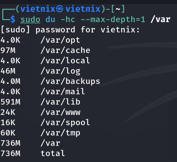 Tổng hợp ví dụ kiểm tra dung lượng thư mục trong Linux đơn giản, hữu ích 18 Kiểm tra dung lượng thư mục con cấp một và thư mục mẹ bằng tùy chọn --max-depth