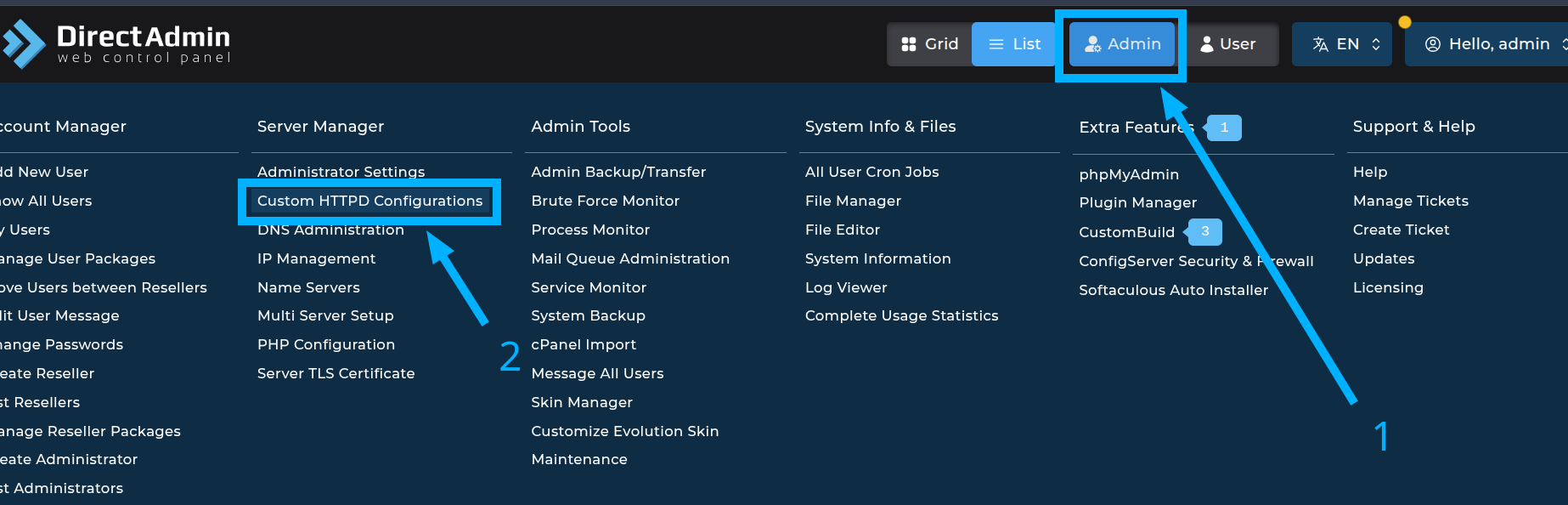 Hướng dẫn sửa lỗi 405 Method Not Allowed trên DirectAdmin 19 Bấm chọn Custom HTTPD Configurations