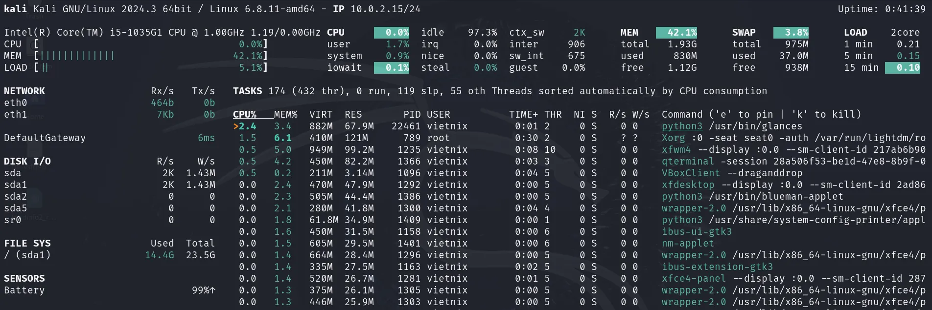 Sử dụng lệnh glances để kiểm tra bộ nhớ sử dụng trong Linux