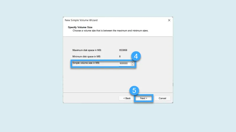Nhập dung lượng bạn muốn cho phân vùng vào trường Simple Volume size in MB