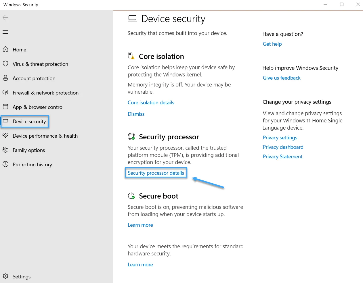 Kiểm tra TPM trên Windows Security