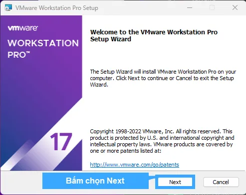 Chọn Next để tiếp tục cài đặt VMware