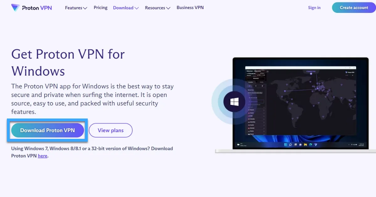 Nhấn vào nút Download Proton VPN