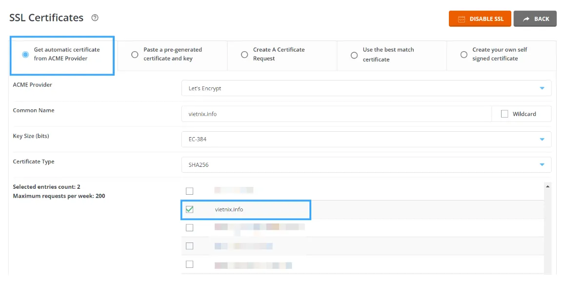 Tích các domain pointer muốn cài đặt SSL