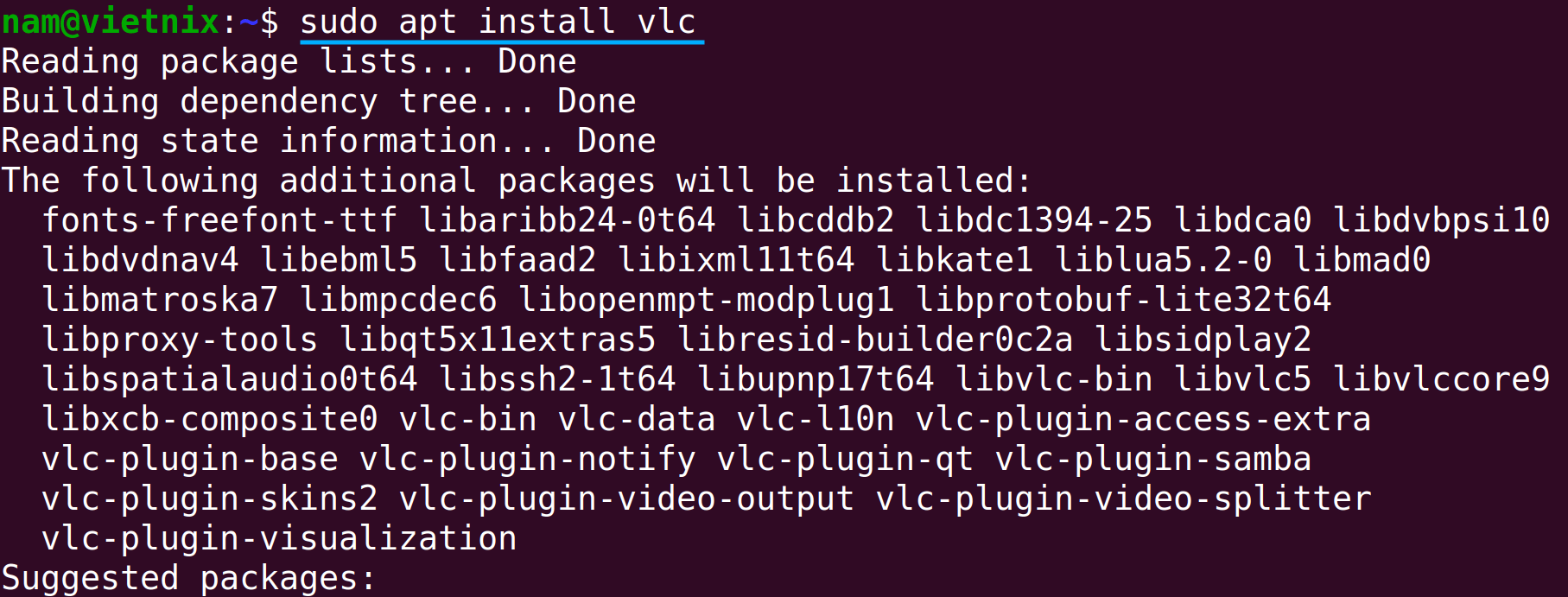 Cài đặt trình phát VLC trong terminal