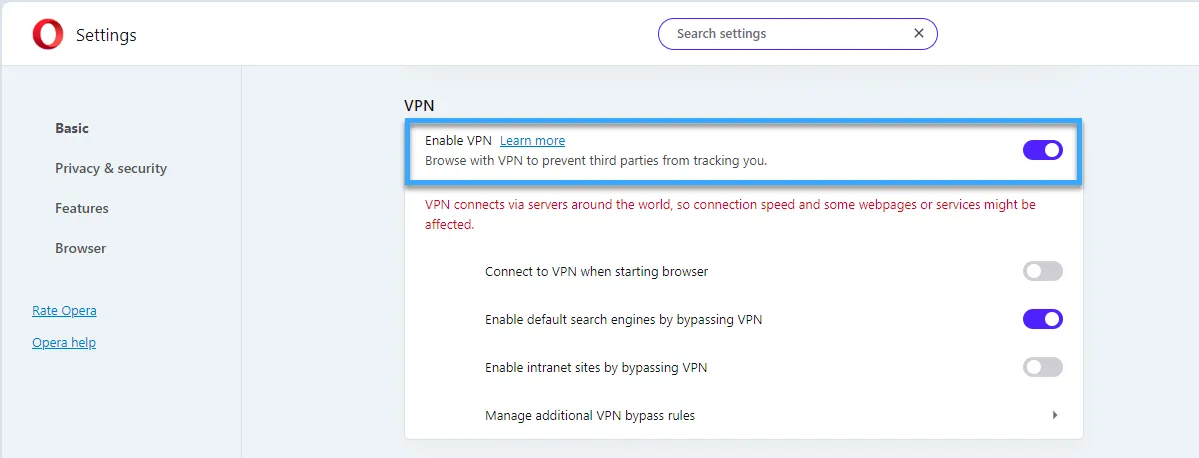 Click chọn Enable VPN