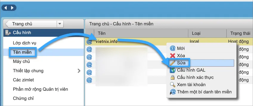 Chọn tên miền cần sửa