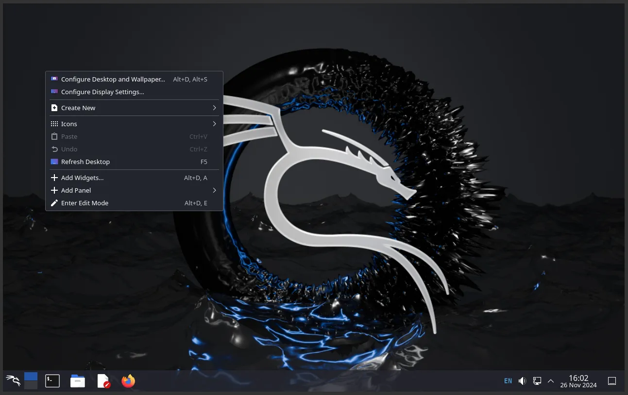 Hình nền hiển thị của Kali Linux