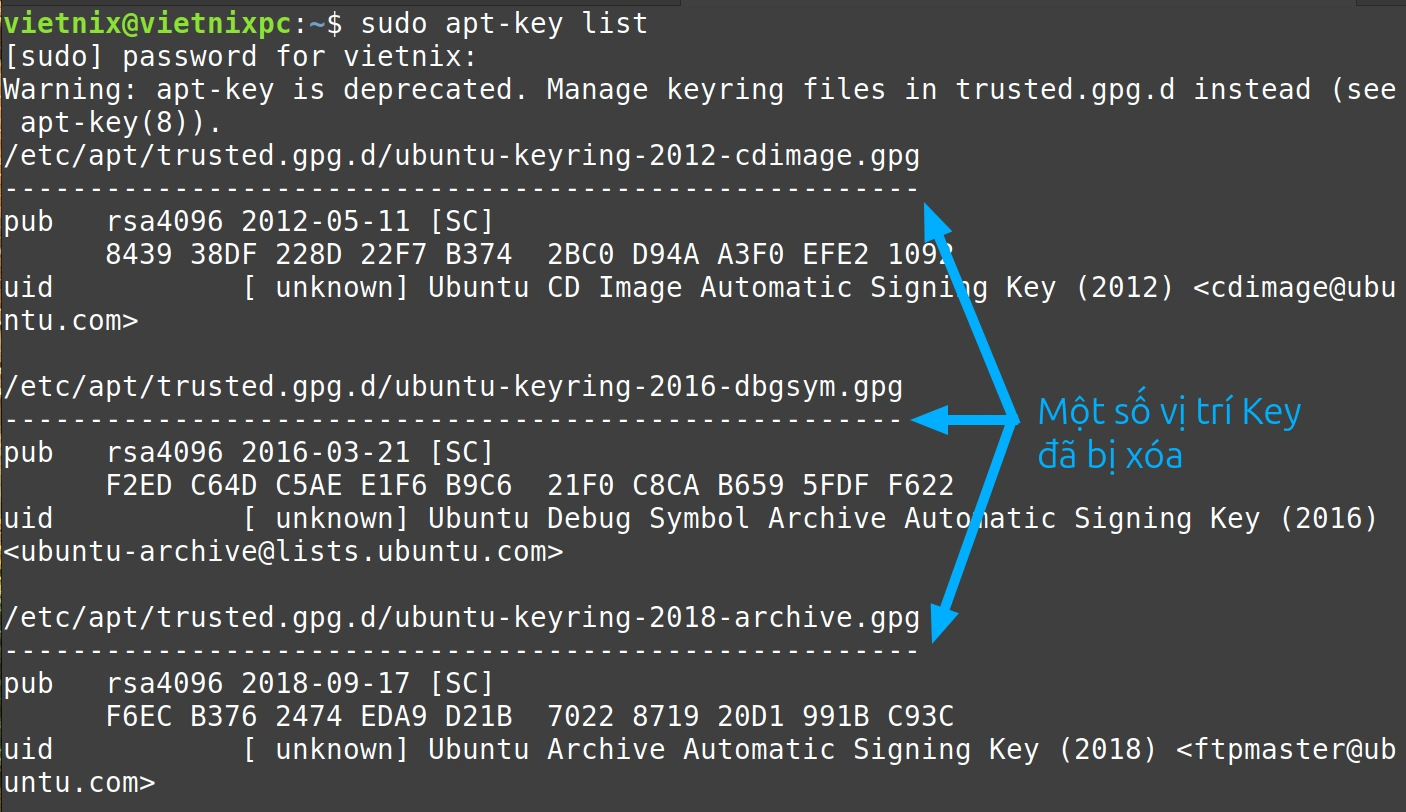 3 ví dụ về cách gỡ apt key trong hệ điều hành Linux nhanh chóng, hữu ích 22 Kiểm tra lại danh sách khóa để đảm bảo khóa đã chọn bị xóa thành công