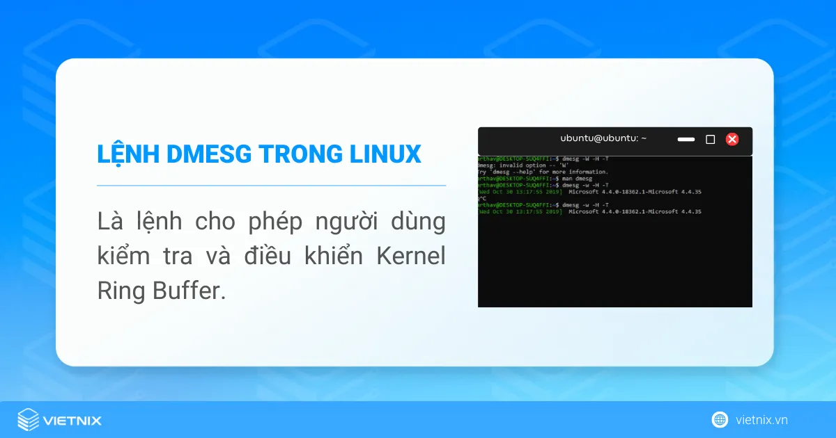 Lệnh dmesg trong Linux cho phép người dùng kiểm tra và điều khiển Kernel Ring Buffer