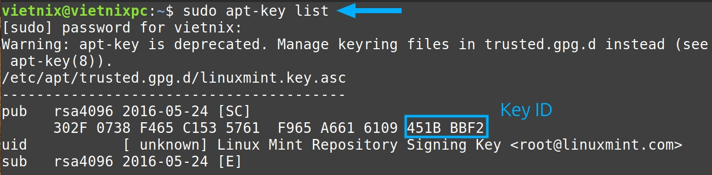 3 ví dụ về cách gỡ apt key trong hệ điều hành Linux nhanh chóng, hữu ích 20 Liệt kê tất cả các khóa bằng lệnh apt-key